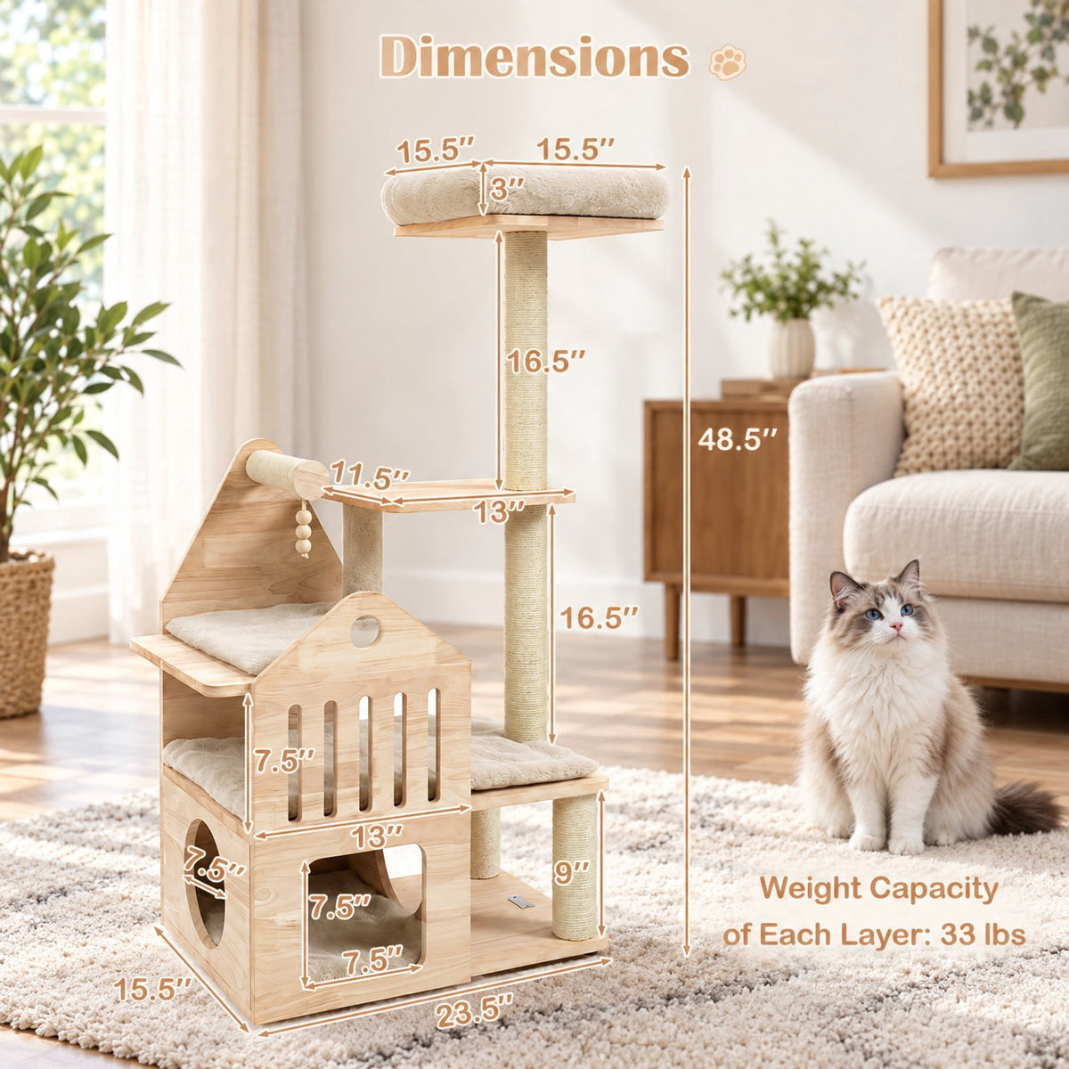 Airfind 48.5in Multi-Level Solid Wood Cat Tree for Indoor Cats with Padded Top Perch Cat Condo and Sisal Scratching Posts, Beige
