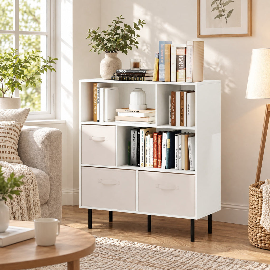 Airfind 6-Cube Bookshelf with 3 Removable Folding Fabric Drawers for Living Room, 330 lbs Capacity, Metal Engineered Wood Frame, White