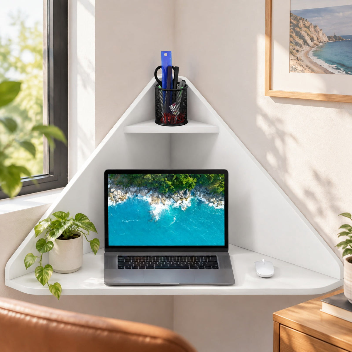 Airfind Floating Triangular Corner Computer Desk with Storage Shelf, Engineered Wood Frame, Black, Overall Dimensions 36.5 Inch x 31 Inch x 18 Inch Sid