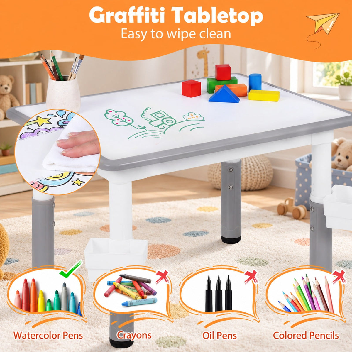 Airfind Height Adjustable Kids Table and 4 Chairs Set with Graffiti Desktop and 2 Storage Baskets, 220 lbs Capacity, Engineered Wood PP Frame, Gray