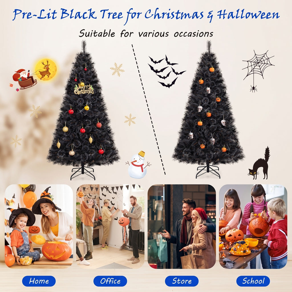 Airfind 6/7/8 Feet Black Artificial Halloween Christmas Tree with PVC Branch Tips and 210/320/450 Cool White LED Lights, Black