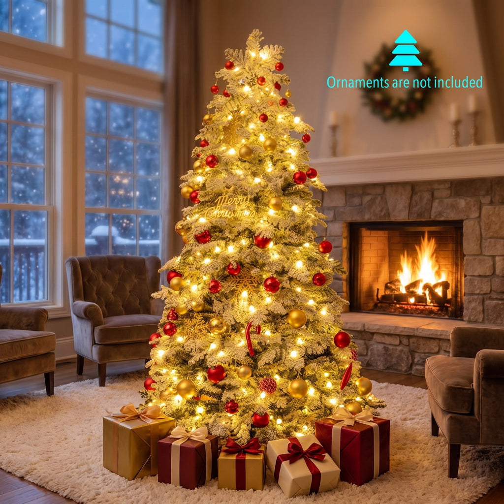 Airfind 6/7 Feet Artificial Snow-flocked Christmas Tree Pre-lit Hinged Xmas Tree with 130 Twinkle Balls-6 Feet, Green and White