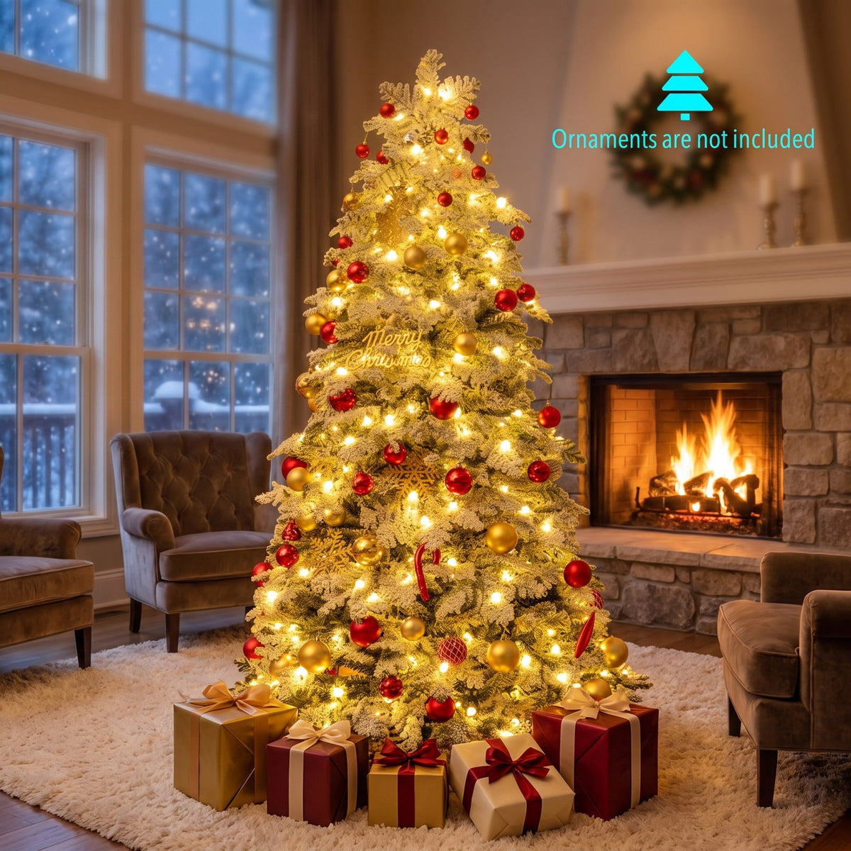 Airfind 6/7 Feet Artificial Snow-flocked Christmas Tree Pre-lit Hinged Xmas Tree with 130 Twinkle Balls-6 Feet, Green and White