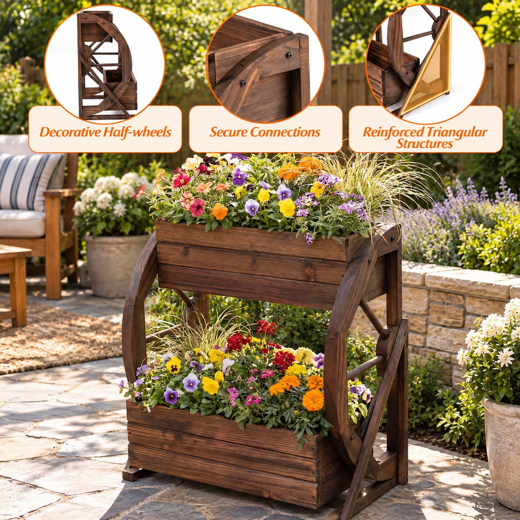 Airfind 2-tier Raised Garden Bed Rustic Wood Wagon Planter with Drainage Holes and Semi-wheels, 22 lbs Capacity, Fir Wood Frame, Coffee