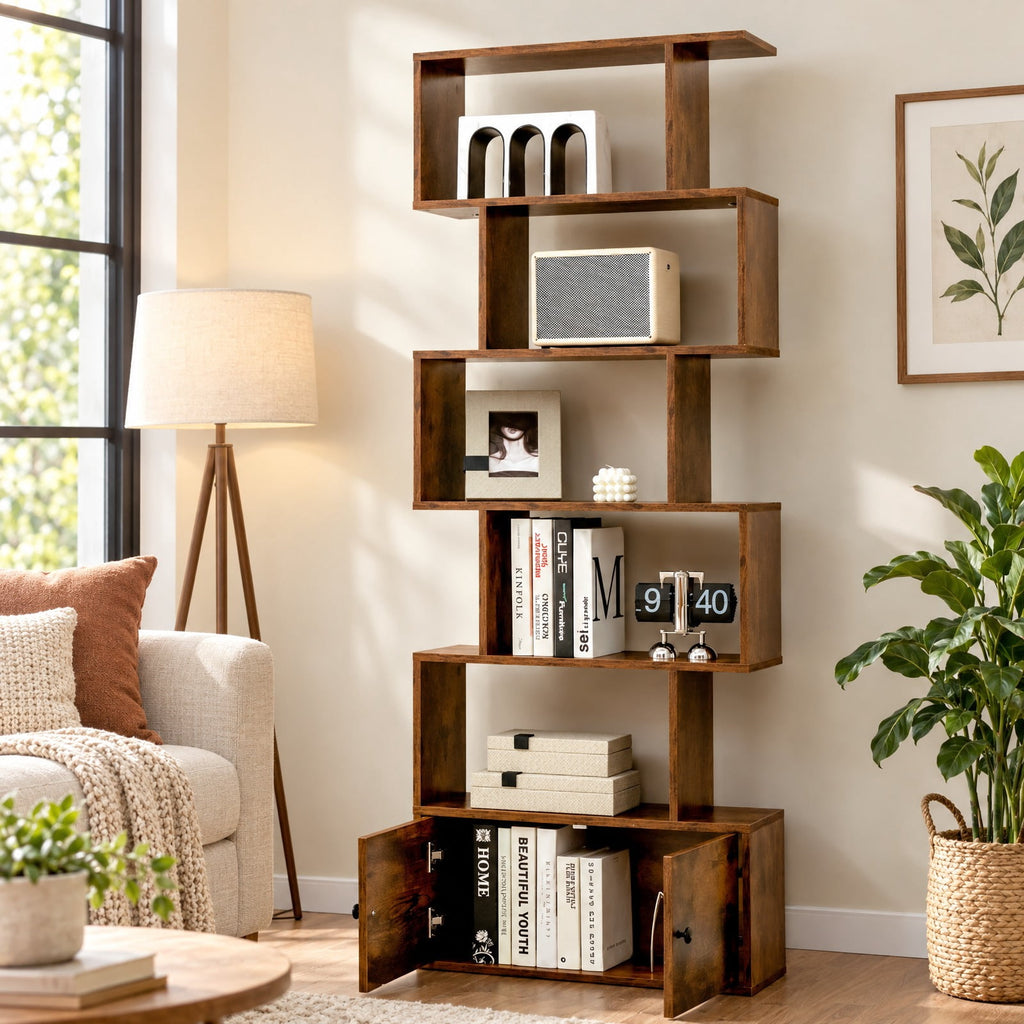 Airfind 6-Tier S-Shaped Freestanding Bookshelf with Cabinet and Doors, Engineered Wood with Engineered Wood and MDF Construction, Coffee