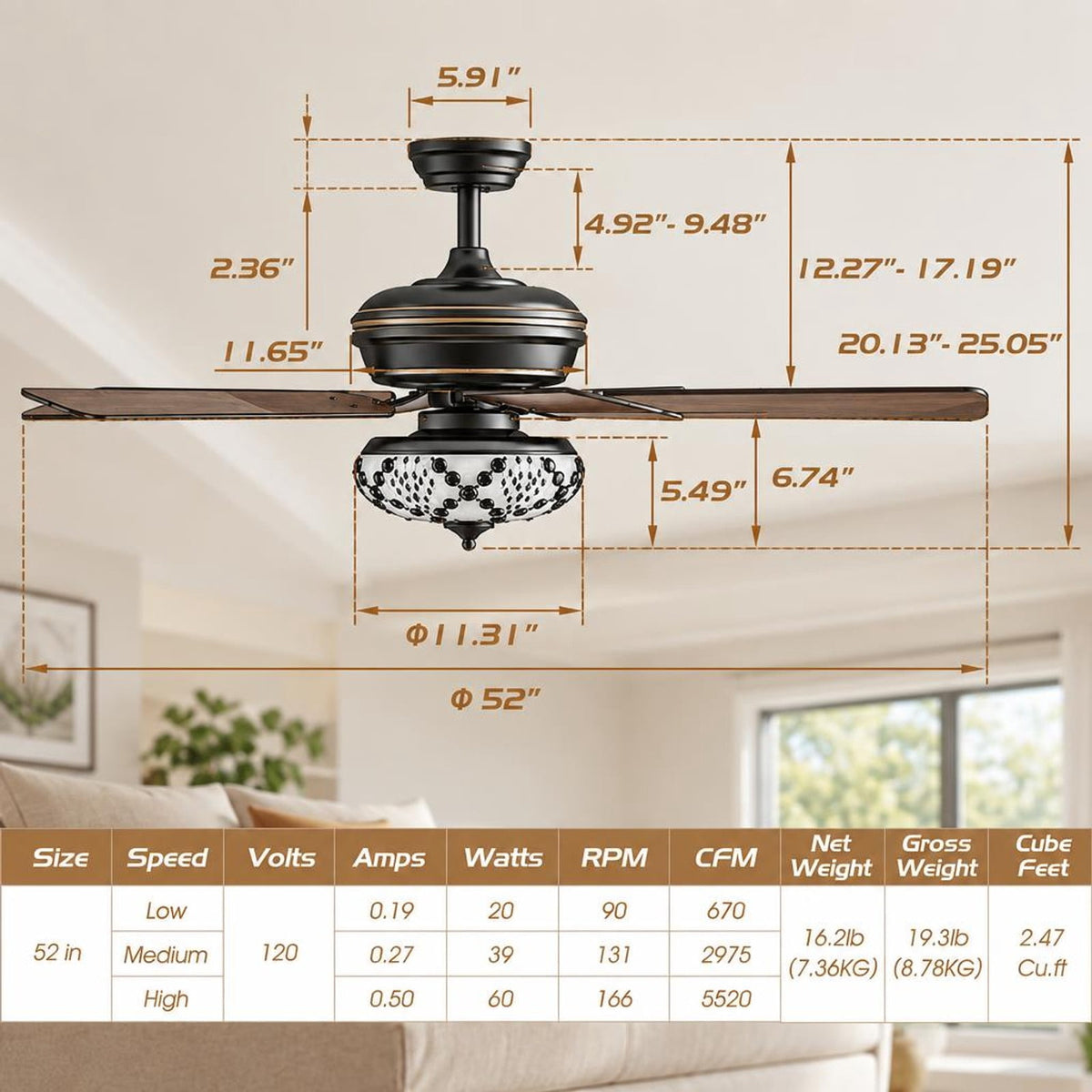 Airfind 52 Inch Ceiling Fan with 3 Wind Speeds and 5 Reversible Blades, Steel PC MDF Frame, Size 52 Inch (dia.) Length of Downrods: 5 Inch/1, Black
