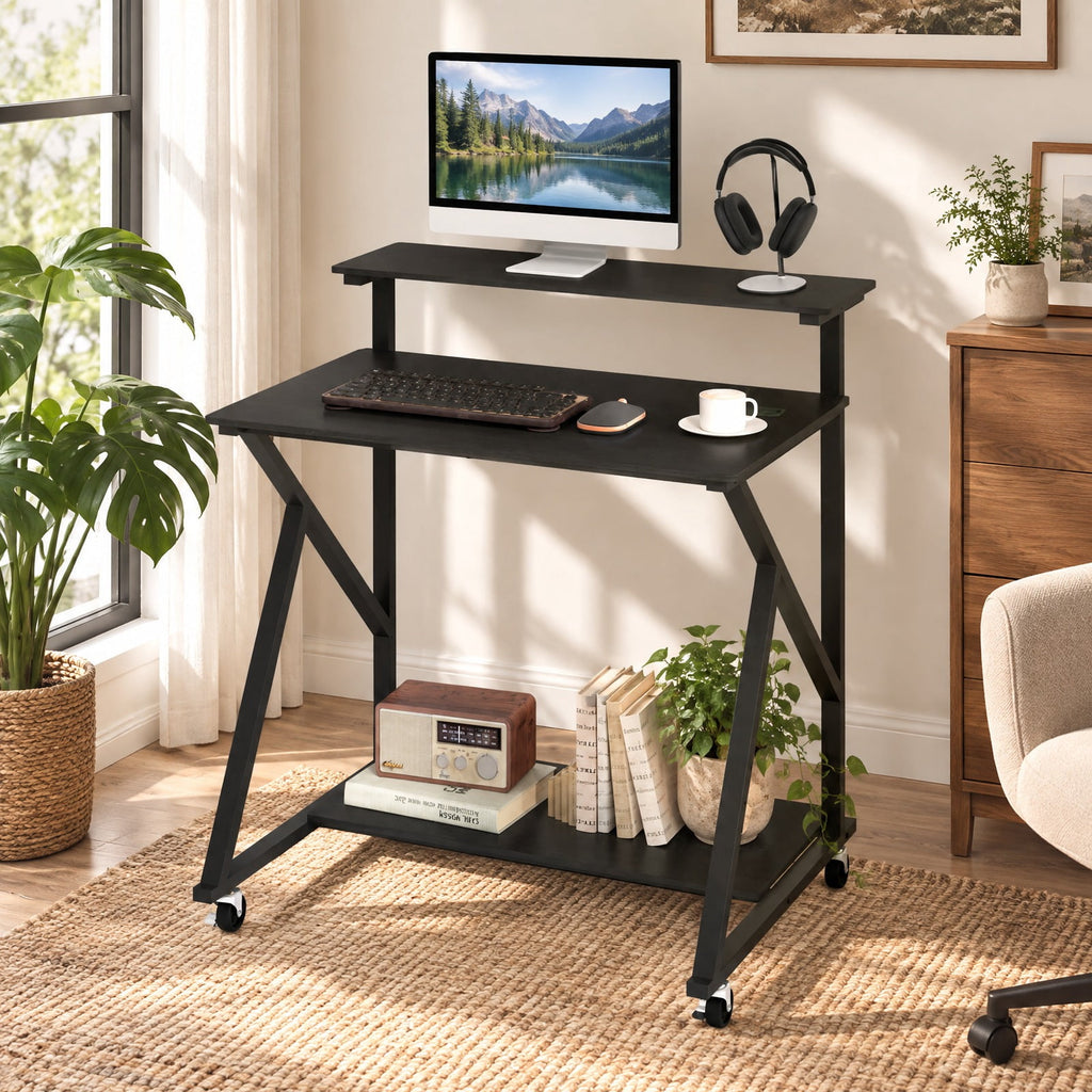 Airfind 32 Inch Rolling Computer Desk for Small Spaces with Power Outlets, 155 lbs Capacity, Engineered Wood Metal Frame, Black