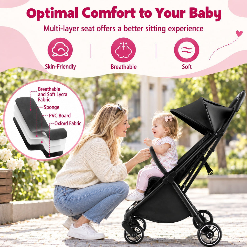 Airfind One-Hand Folding Portable Lightweight Baby Stroller with Aluminum Frame, 33 lbs Capacity, Aluminum polyester EVA Frame, Black
