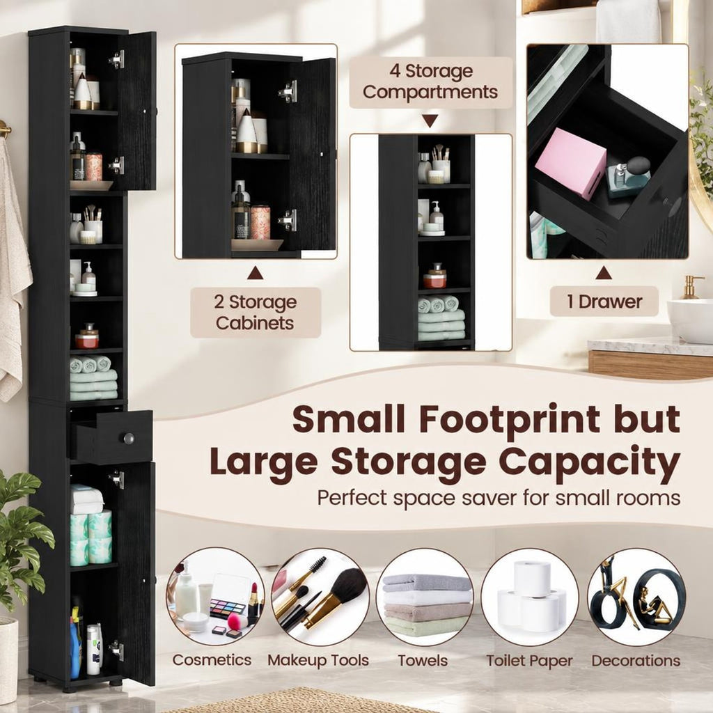 Airfind Freestanding Slim Bathroom Cabinet with Drawer and Adjustable Shelves, 110 lbs Capacity, MDF Frame, 8in x 8in x 71in Total Footprint, Black