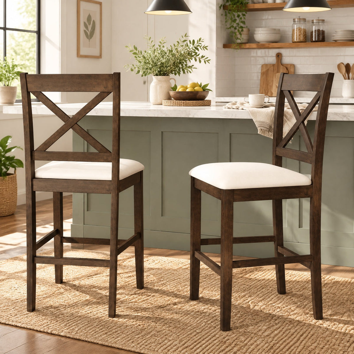 Airfind Set of 2 X-Back Bar Stools with Upholstered Cushioned Seats, 330 lbs Capacity, Rubber Wood Linen Fabric Sponge Frame, Brown