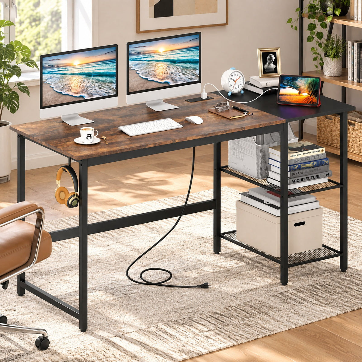 Airfind 59 Inch Home Office Computer Desk with Removable Storage Shelves, 275 lbs Capacity, Metal Engineered Wood Frame, 59 x 24 x 30 Footprint