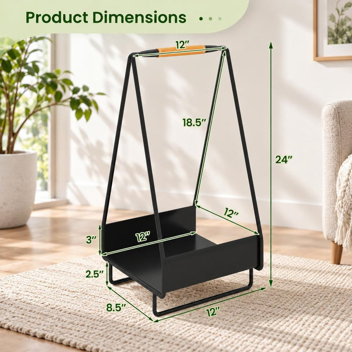 Airfind Firewood Storage Rack Heavy, 55 lbs Capacity, Metal Leather Frame, 12 Inch x 12 Inch x 24 Inch Footprint, Black