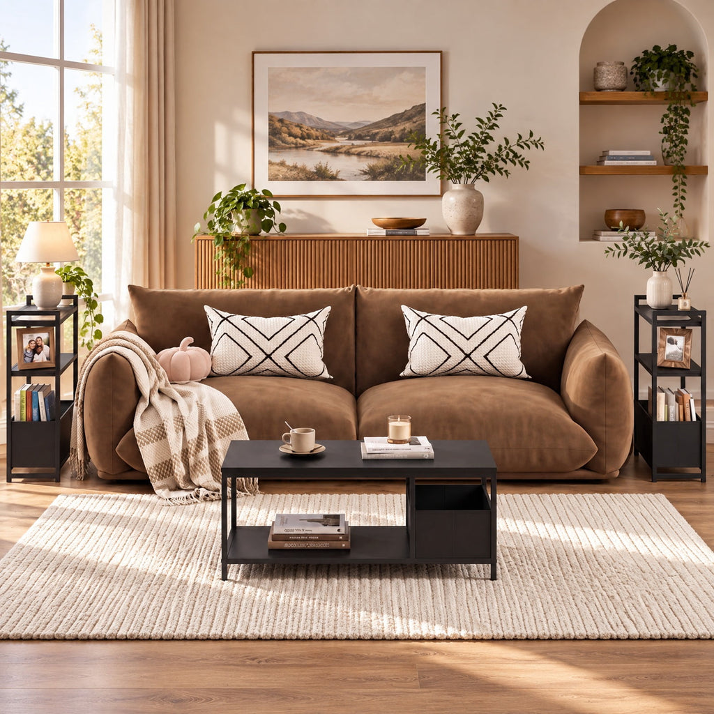 Airfind Narrow End Table with Storage Shelves and Metal Frame, 25 lbs Capacity, Engineered Wood Metal Fabric Frame, 19 x 8 x 25.5 Footprint