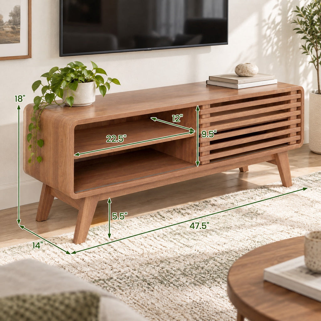 Airfind TV Stand for TVs up to 55 Inch with Sliding Door and Adjustable Shelves for Living Room, 220 Lbs Capacity, Rubber Wood MDF, Brown