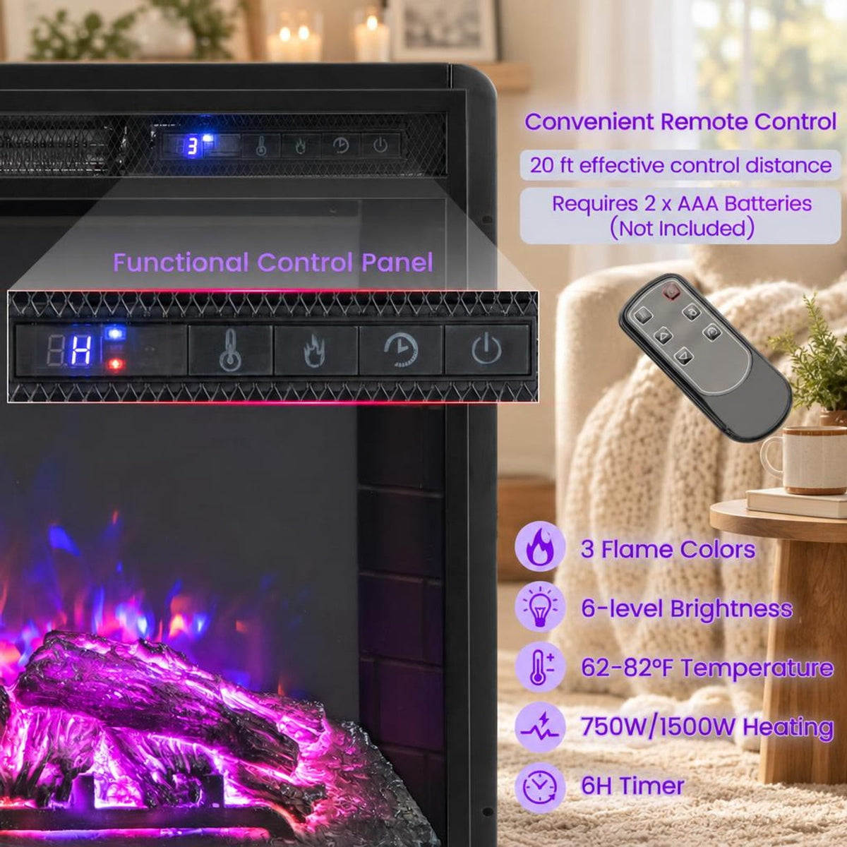 Airfind 26 Inch Recessed Electric Fireplace with Adjustable Flame Brightness, Metal Resin Tempered Glass Frame, Black