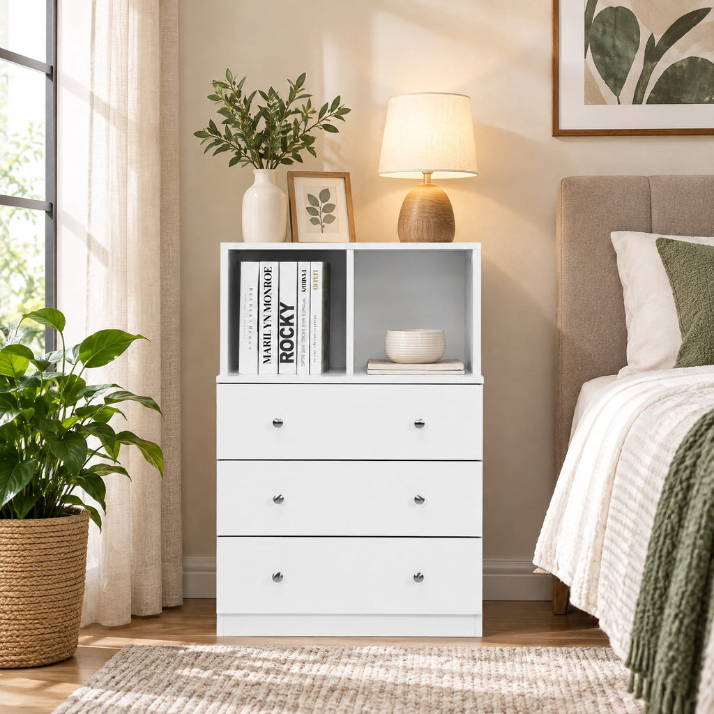 Airfind 3 Drawer Dresser with Cubbies Storage Chest for Bedroom Living Room, Engineered wood metal Frame, 24in x 16in x 37in Footprint, White