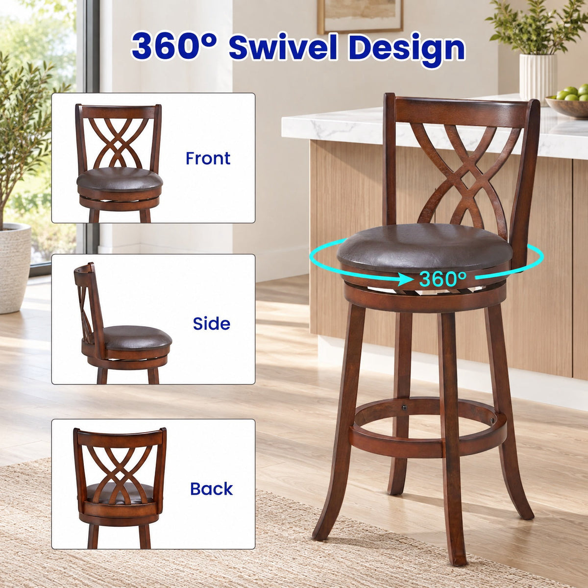 Airfind 360° Swivel Counter Height Chairs with PU Leather Cushioned Seat and Footrests-30 inches, 250 lbs Capacity, Brown