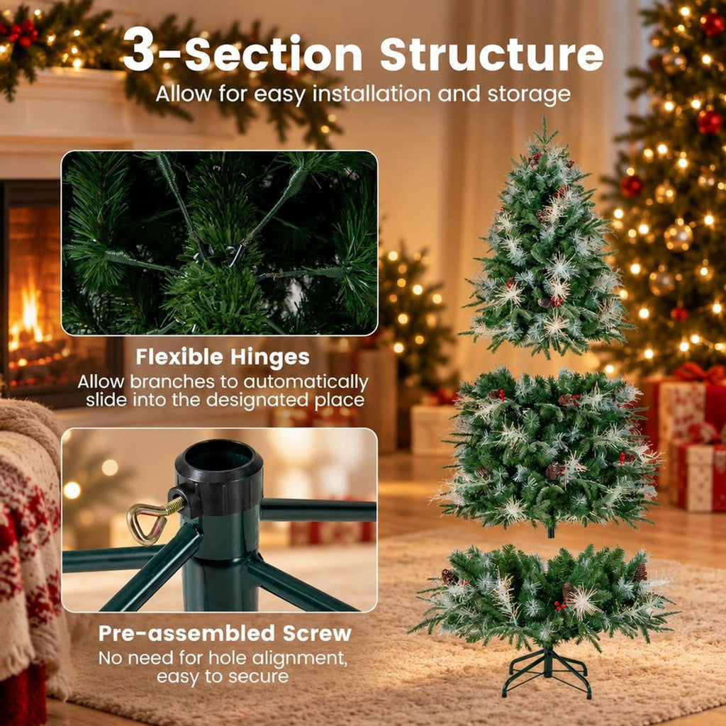Airfind 7 Feet Pre-Lit Artificial Christmas Tree with 8 Modes LED Lights with Berries, PVC PE PET Metal 5 Feet Frame, 3 x 5 ft Footprint, Green
