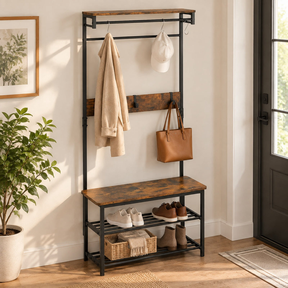Airfind Coat Rack 4-In-1 Hall Tree with Shoe Bench and Removable Hooks, 220 lbs Capacity, Metal Engineered Wood Frame, Coffee