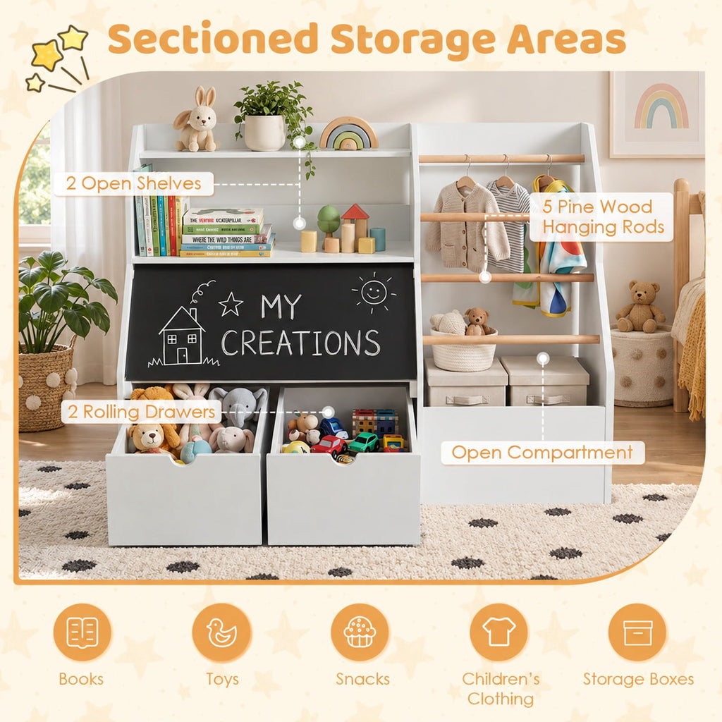 Airfind Kids Toy Storage Organizer with Flip-up Blackboard, Engineered Wood Pine Wood Frame, for 3+ Years Old, 41 Inch x 16 Inch x 28 Inch Footprint, White