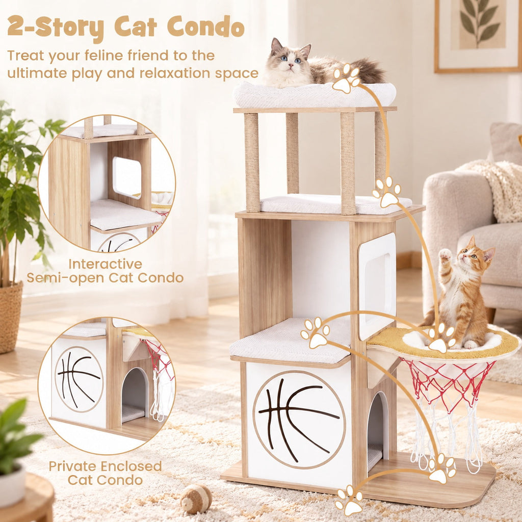 Airfind 47 Inches Wooden Cat Tree with 2-Story Cat Condo and Basketball Hoop Hammock, 31in x 15in x 47inTop Perch Footprint, Natural