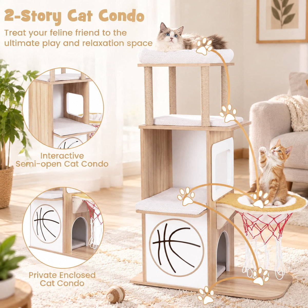 Airfind 47 Inches Wooden Cat Tree with 2-Story Cat Condo and Basketball Hoop Hammock, 31in x 15in x 47inTop Perch Footprint, Natural