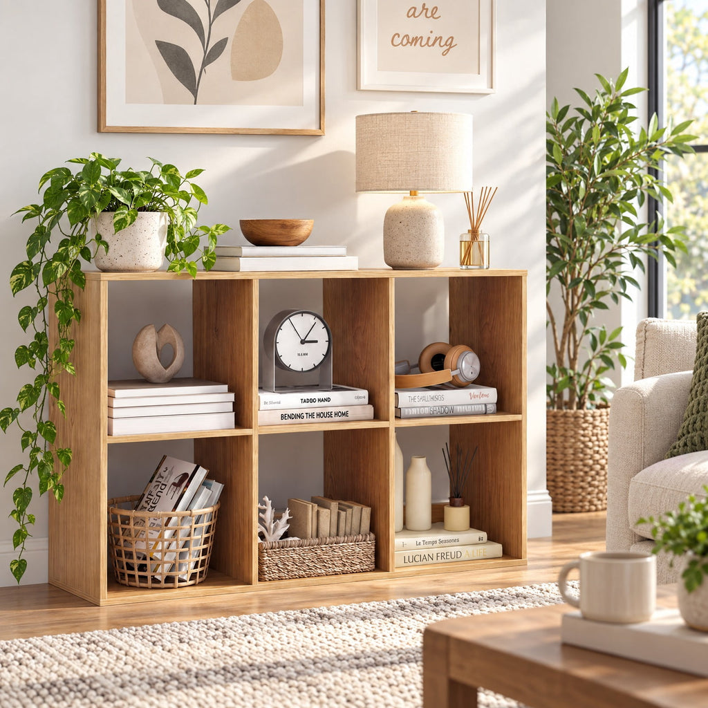 Airfind 6 Cube Bookshelf with Back Guardrail for Living Room Bedroom, 154 lbs Capacity, Engineered Wood Frame, 41 Inch x 13 Inch x 27.5 Inch Footprint, Natural