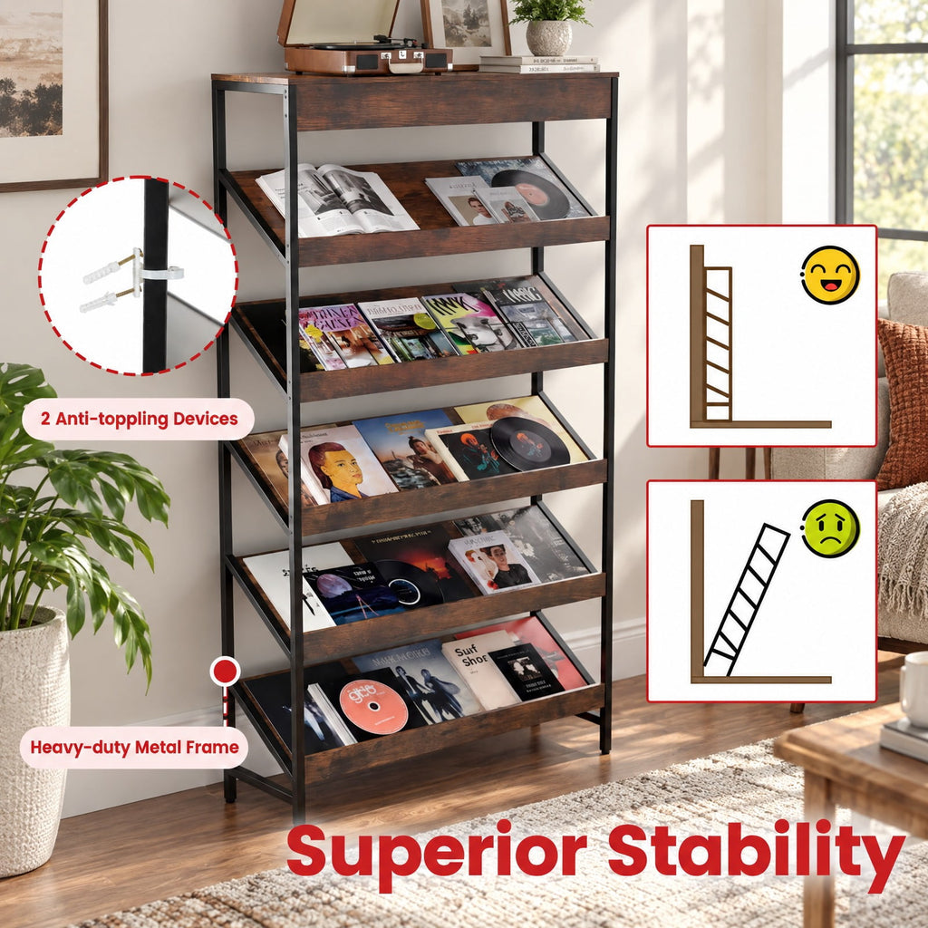 Airfind 6-Tier Tall Freestanding Bookshelf with Angled Shelves for Home Office, 230 lbs Capacity, Engineered Wood Frame, Brown