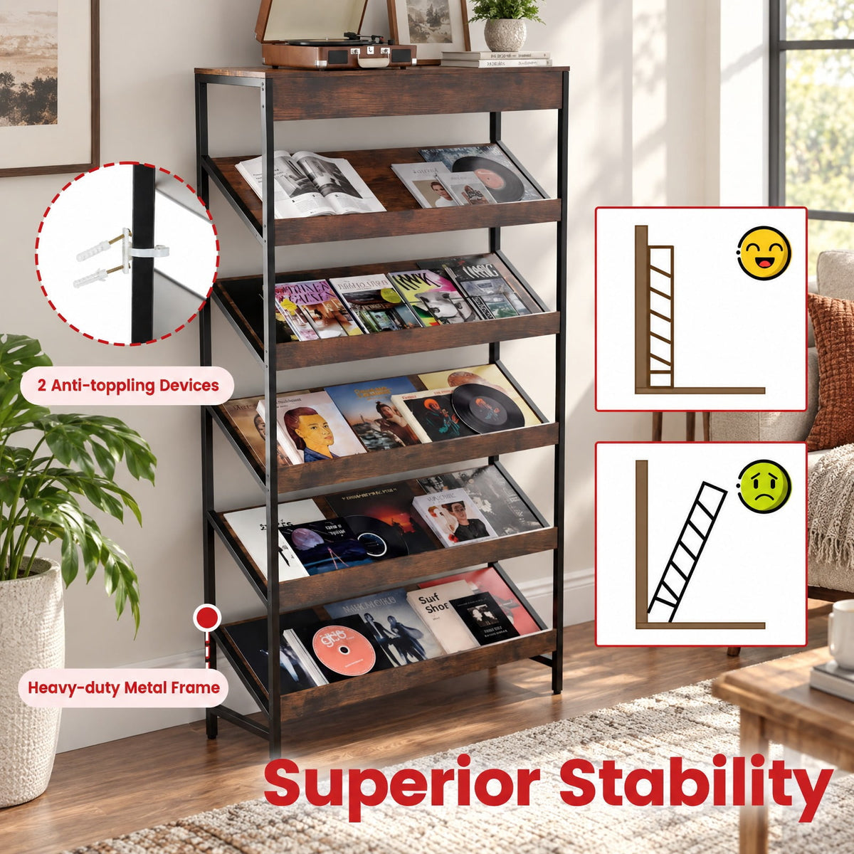 Airfind 6-Tier Tall Freestanding Bookshelf with Angled Shelves for Home Office, 230 lbs Capacity, Engineered Wood Frame, Brown