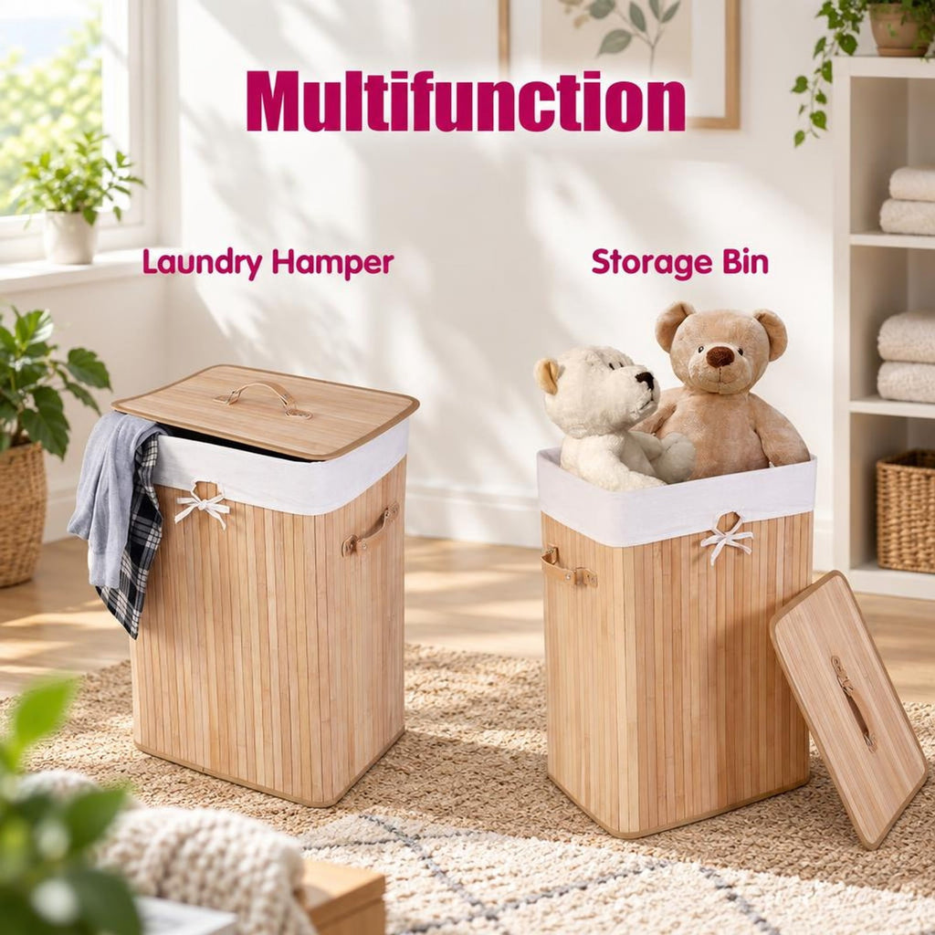 Airfind Rectangle Bamboo Hamper Laundry Basket Washing Cloth Bin Storage Bag Lid 3 color, Bamboo and polyester cotton Frame, Natural