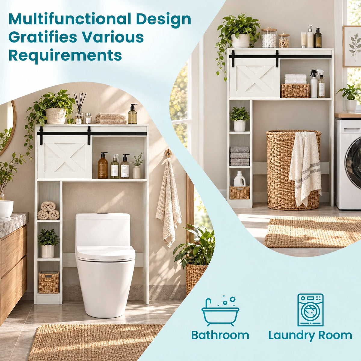 Airfind 4-Tier Over The Toilet Storage Cabinet with Sliding Barn Door and Storage Shelves, 154 lbs Capacity, Engineered Wood MDF Frame, White