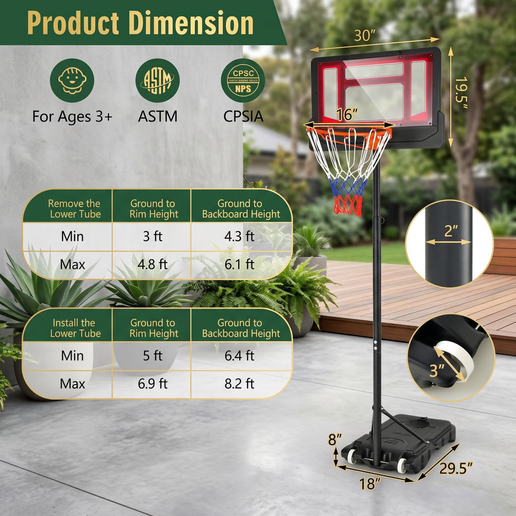 Airfind Portable Basketball Hoop System, 4.3-8.2 FT Adjustable Height Basketball Goal with Wheels, Shatterproof Backboard and Fillable Base for Kids Youth Adults, Red