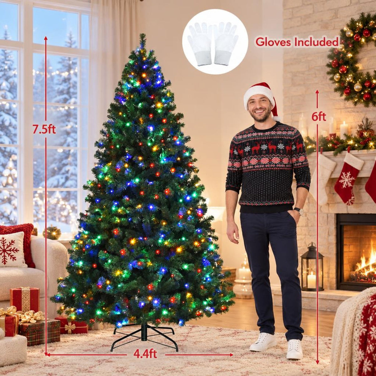 Airfind 7.5 Feet Pre-Lit Artificial Spruce Christmas Tree with 550 Multicolor Lights for Festival, PVC Frame, Φ4.4 x 7.5 H Footprint, Green