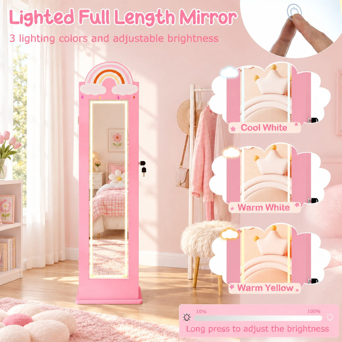 Airfind 3 In 1 Kids Jewelry Cabinet Freestanding Jewelry Armoire with 3-Color Lighted Mirror, MDF Glass Acrylic Frame, Pink