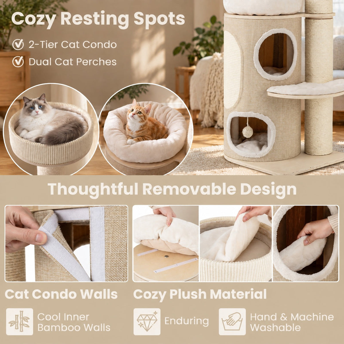 Airfind 61 Inches Cat Tree for Indoor Cats with 2-stoery Condo and Top Perch, 33 lbs Capacity, Natural