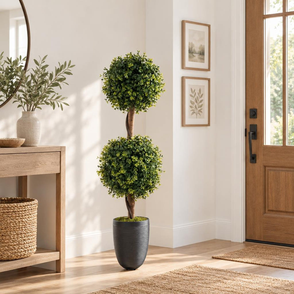 Airfind Set of 2 Artificial Double Topiary Ball Trees, PE Birch Wood Natural Moss PP Cement Overall Height 35.5 Frame, Green
