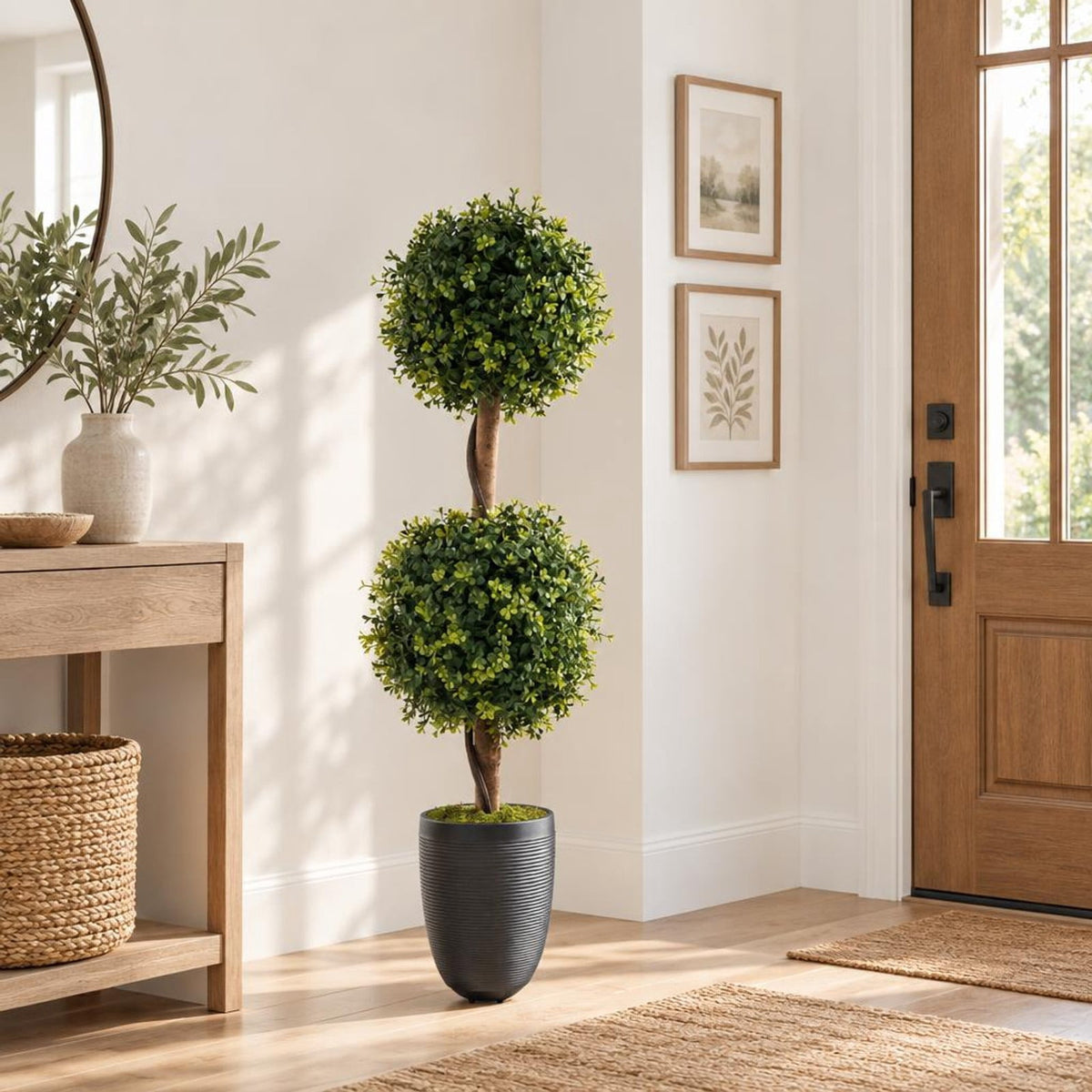 Airfind Set of 2 Artificial Double Topiary Ball Trees, PE Birch Wood Natural Moss PP Cement Overall Height 35.5 Frame, Green