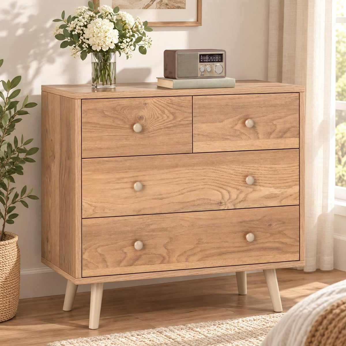 Airfind Wide Wooden Dresser with 4 Drawers for Bedroom Living Room, 110 Lbs Capacity, Engineered Wood Mdf, 31.5 Inch X 15.5 Inch X 30 Inch, Natural