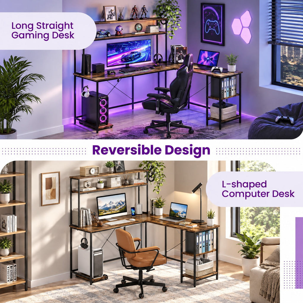 Airfind L-Shaped Reversible Gaming Desk with LED Strip and Power Outlets Hutch Monitor Stand, 310 lbs Capacity, Engineered Wood Metal Frame, Brown
