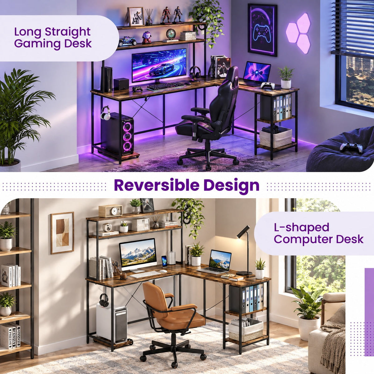 Airfind L-Shaped Reversible Gaming Desk with LED Strip and Power Outlets Hutch Monitor Stand, 310 lbs Capacity, Engineered Wood Metal Frame, Brown