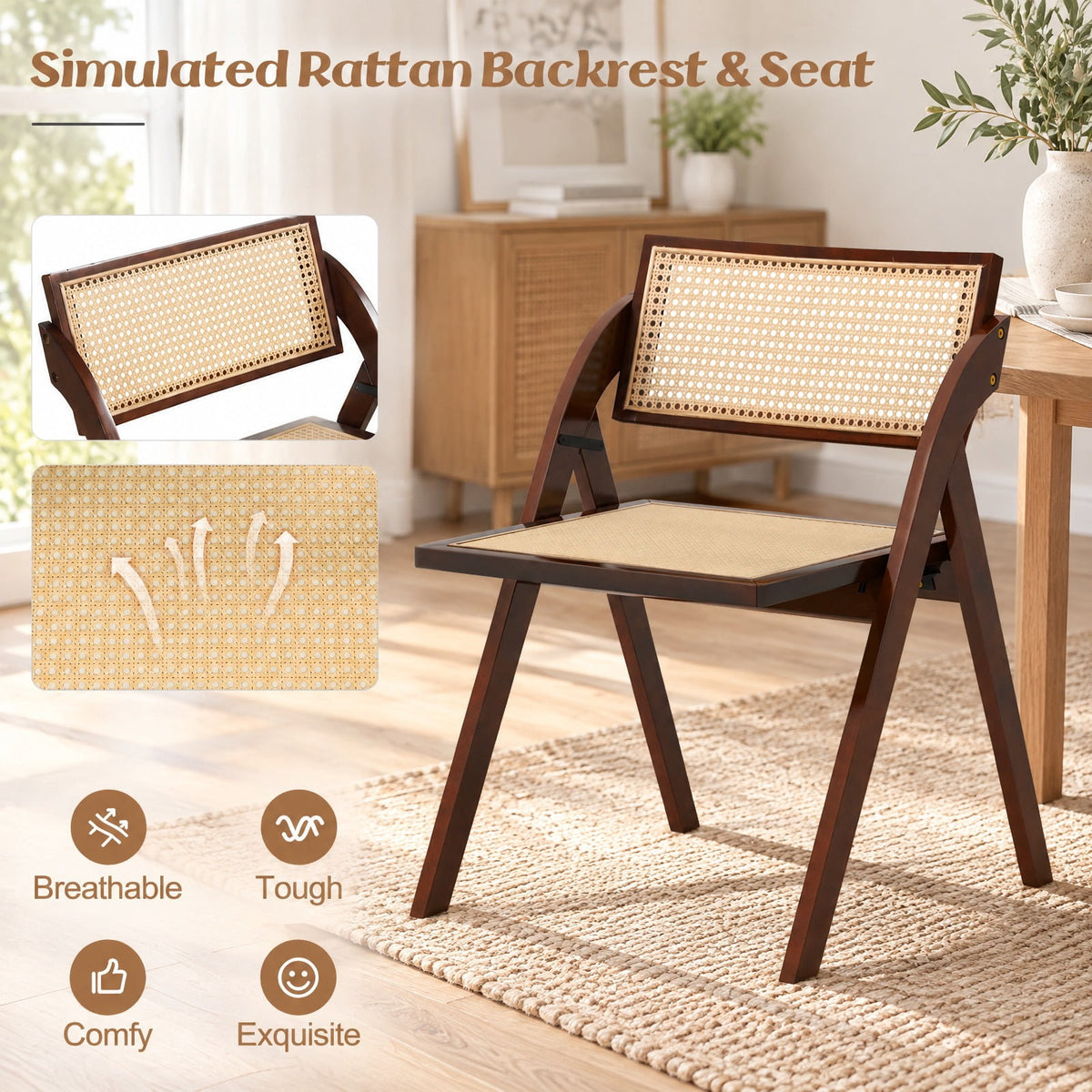 Airfind Foldable Dining Chairs Set of 2 with Woven Rattan Backrest, 400 lbs Capacity, Rubber Wood Plywood Plastic Frame, 23 Inch x 21 Inch x 29.5 Inch Footprint