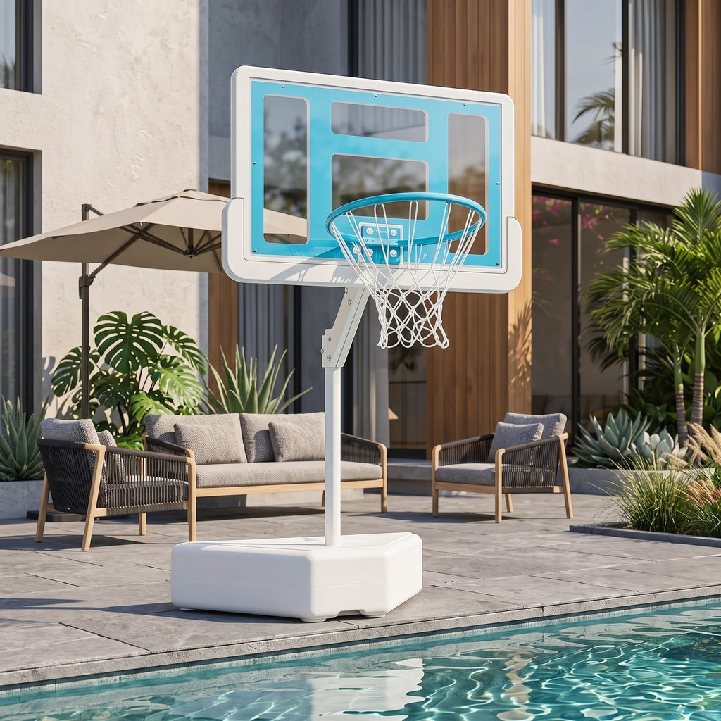 Airfind Poolside Basketball Hoop System, Adjustable Height Pool Basketball Set with 2 Water Balls and Pump, Metal PC Backboard for Swimming Pool Outdoor Family, Blue