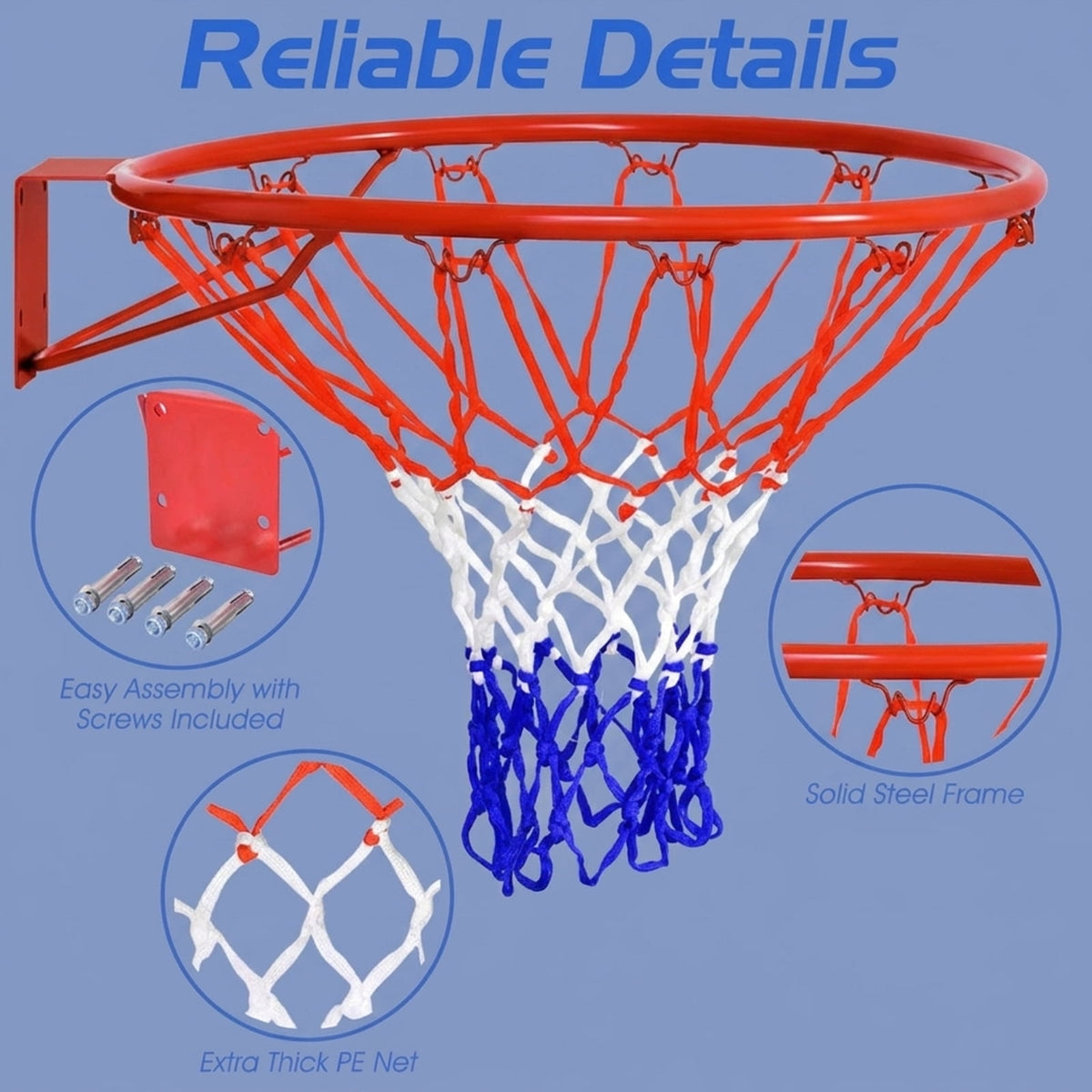 Airfind 18 Inch Steel Replacement Basketball Rim with All-Weather Polyethylene Net and Wall Mount Hardware for Indoor Outdoor Backboard Hoop Repair and Basketball Goal Restoration, Multicolor Net