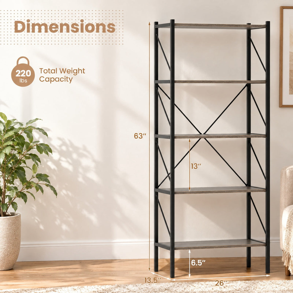 Airfind 5-Tier Bookshelf with Open Shelves and Heavy Duty Metal Frame, 220 lbs Capacity, Metal Engineered Wood Frame, Gray
