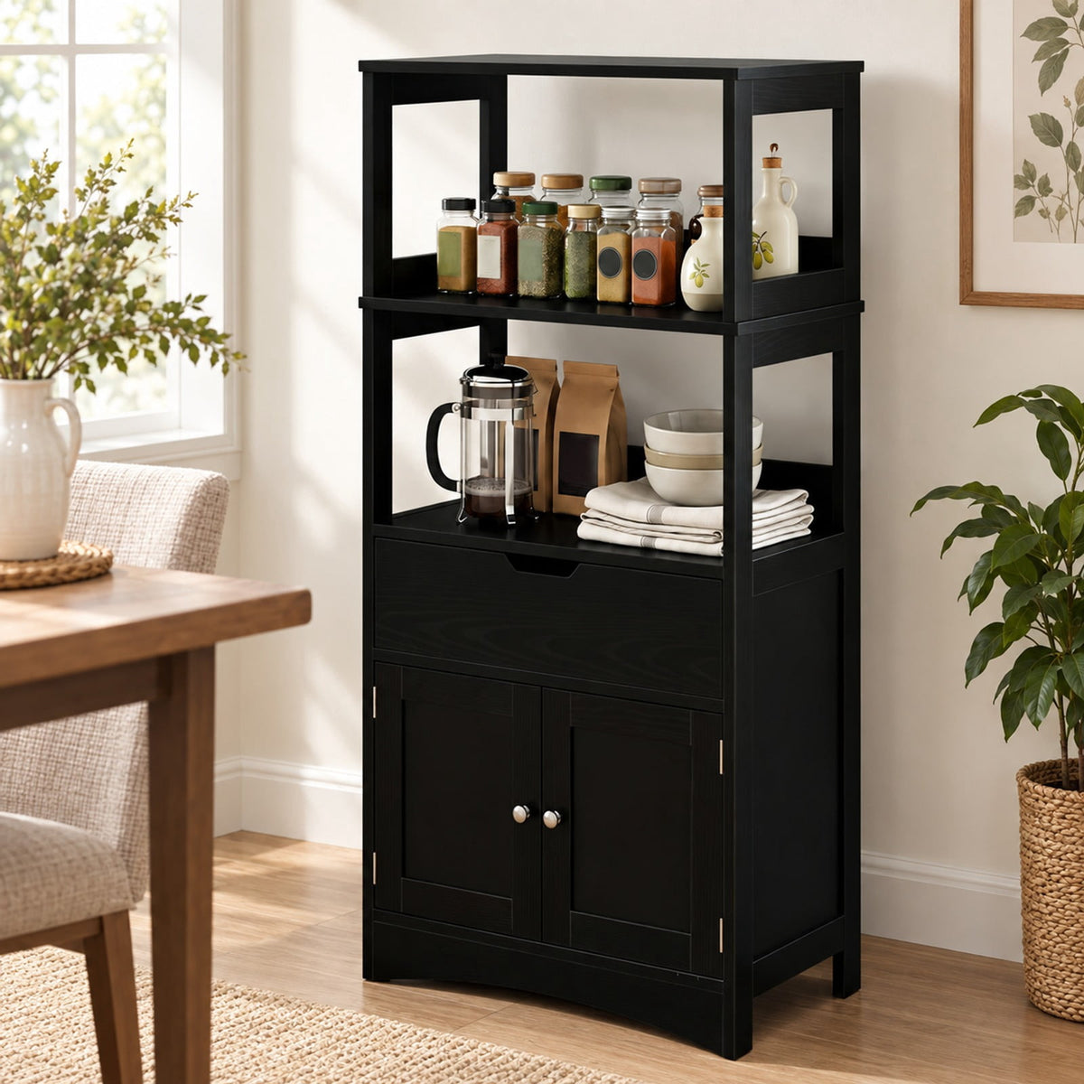 Airfind Bathroom Storage Cabinet with Open Shelves and Drawer, 110 lbs Capacity, Engineered Wood Frame, 24in x 13in x 48in Footprint, Black