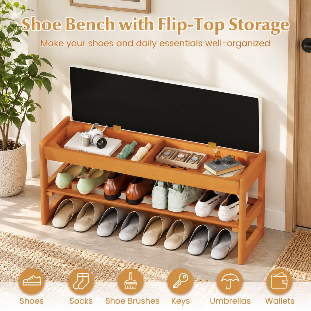 Airfind Shoe Rack Bench with Storage 2-Tier Rubberwood Entryway Bench with Flip-Open Storage, 400 lbs Capacity, 40in x 13.5in x 17in Footprint, Beige
