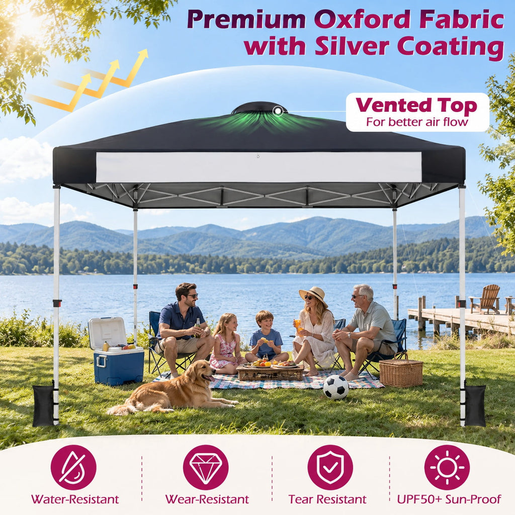 Airfind 10 x 10 Feet Foldable Commercial Pop-up Canopy with Roller Bag and Banner Strip, 10 x 10 x 8.9-9.5 ftCarrying bag Footprint, Black