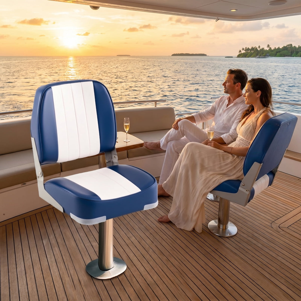 Airfind 2-Pack Folding Low-Back Boat Seats for Fishing Boat, Pontoon Runabout ¡ª Marine PVC Leather, Aluminum Hinges, 5 x 5 Bolt Pattern, 330 lb Rated (Blue White)