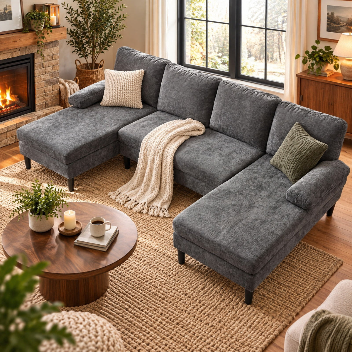 Airfind U-shaped Sectional Couch with Double Chaise for Living Room, 1000 Lbs Capacity, 101.5 Inch X 49.5 Inch X 28.5 Inch with Corduroy Fabric Sponge PP, Gray