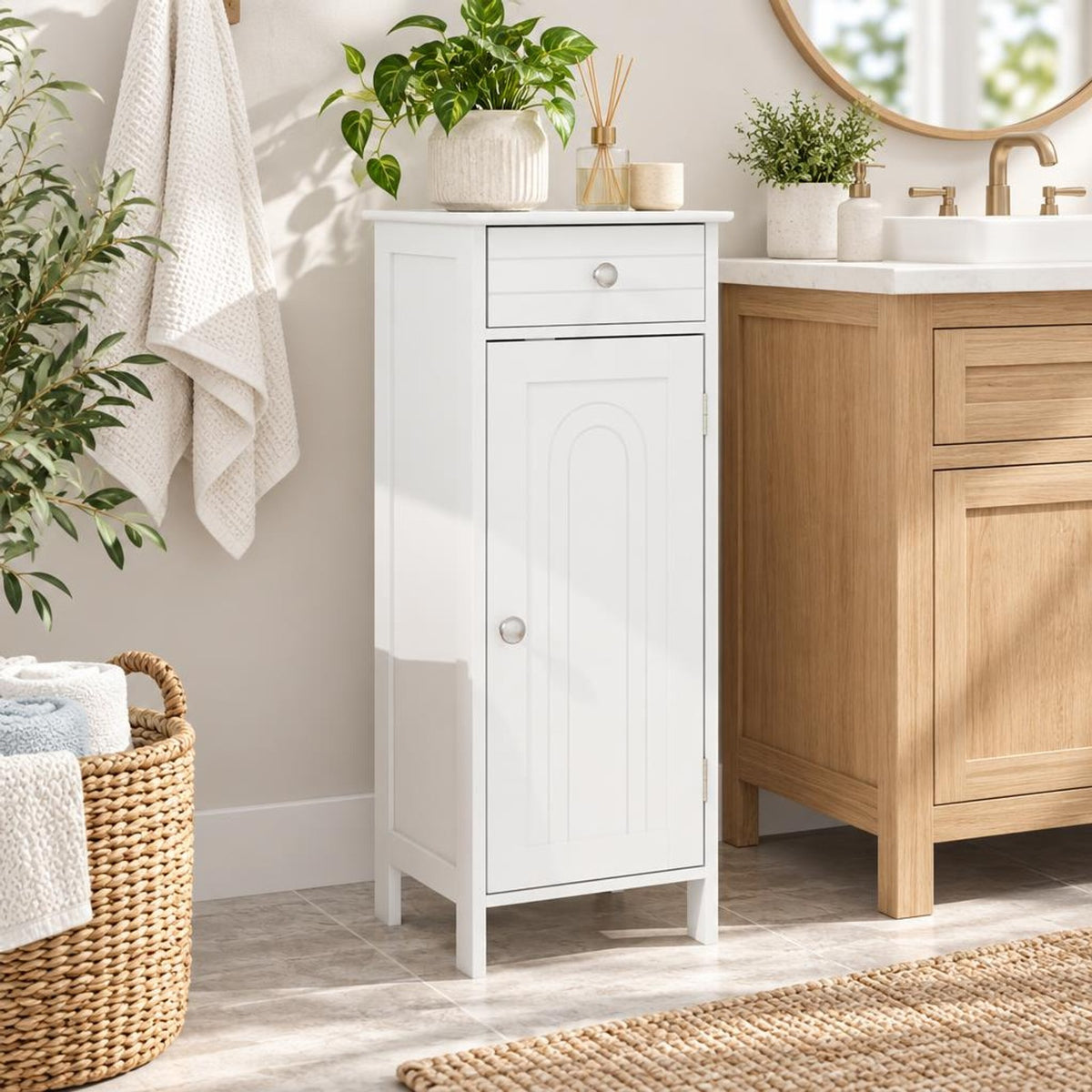 Airfind Wooden Storage Free-Standing Floor Cabinet with Drawer and Shelf, 132 lbs Capacity, MDF Frame, 14in x 12in x 34.5in Footprint, White